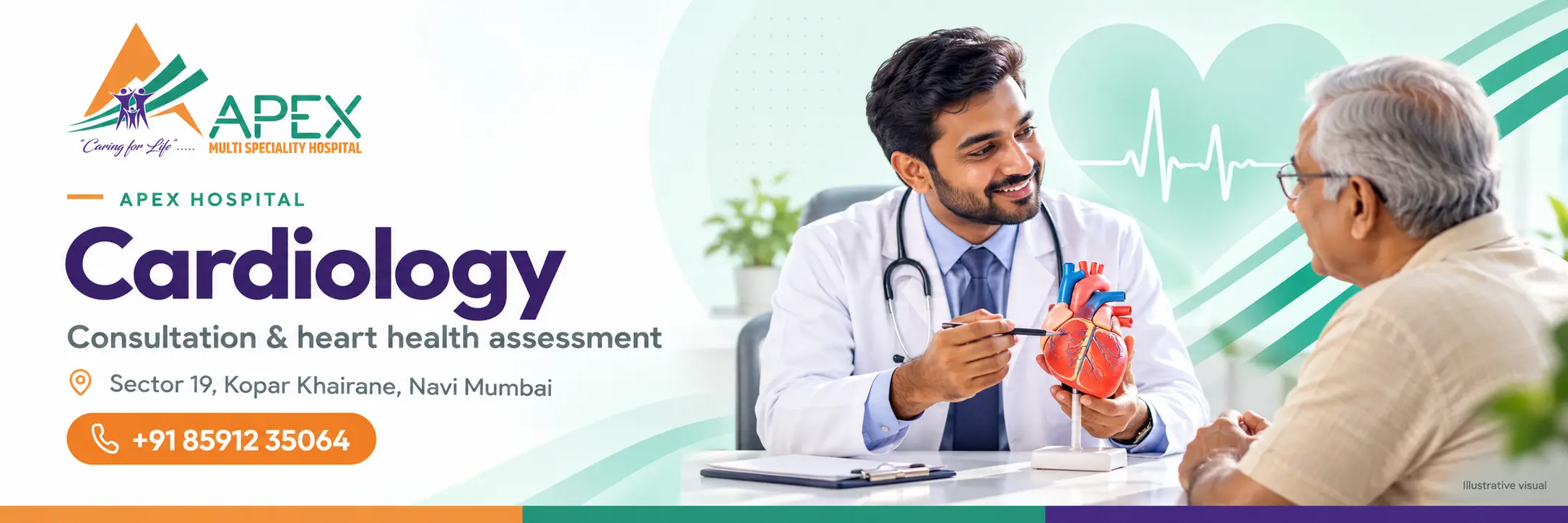 Cardiologist explaining heart test results to a patient at Apex Hospital, Kopar Khairane
