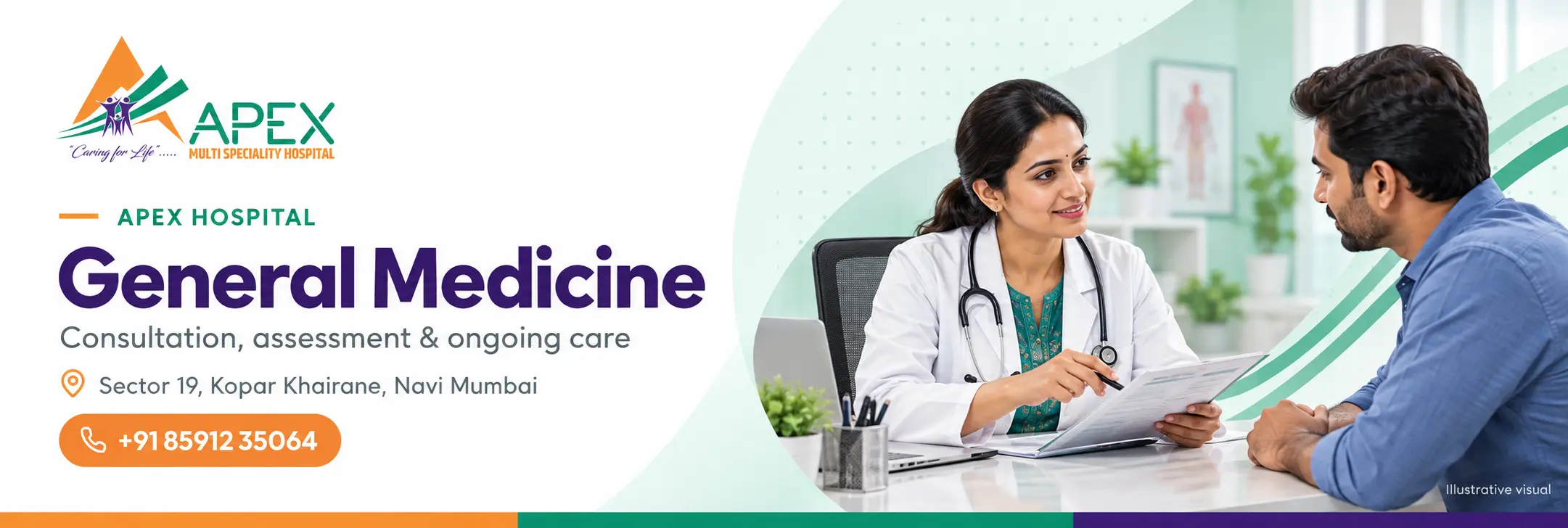 General physician consulting a patient in the OPD at Apex Multispeciality Hospital, Kopar Khairane