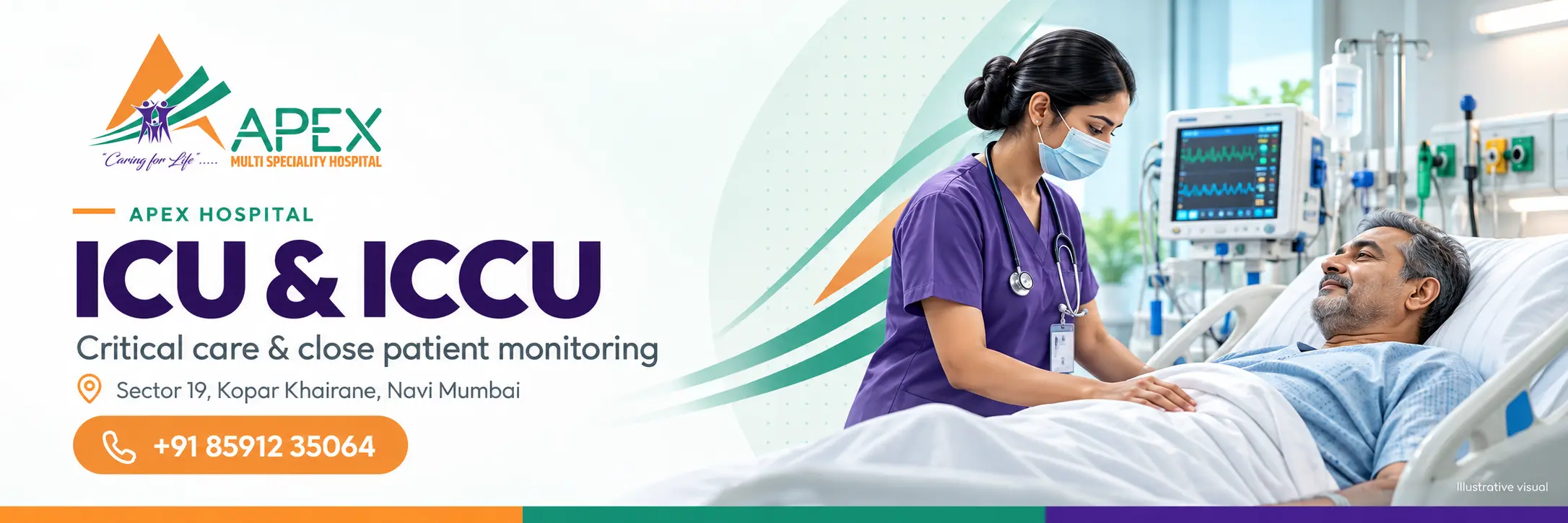 ICU bed with ventilator and cardiac monitor at Apex Multispeciality Hospital, Kopar Khairane
