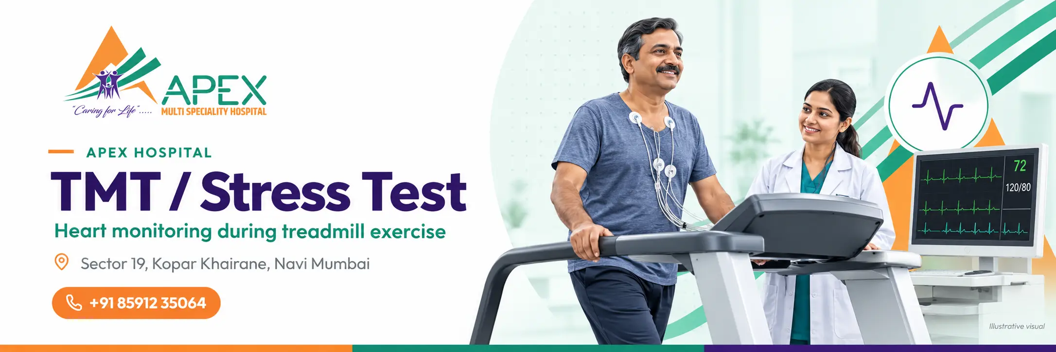 Patient walking on a treadmill during a TMT stress test at Apex Hospital, Kopar Khairane